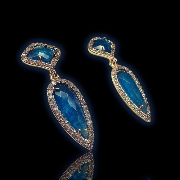 NEW Marbled Blue Imitation Gemstone & CZ Spike Dangle Drop Earrings - Picture 7 of 9